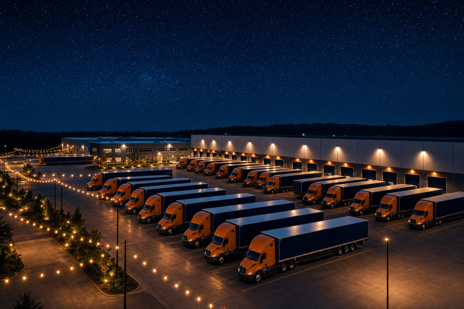 High Star Transport fleet of trucks parked at the depot at night