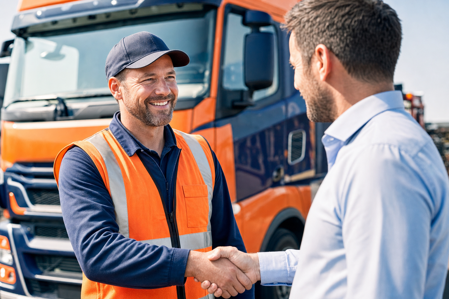 High Star Transport driver greeting a shipping partner in front of a company truck