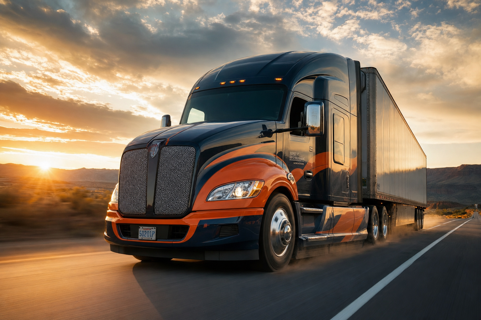 High Star Transport semi truck hauling freight on the highway at sunset
